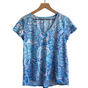 Lilly Pulitzer V Neck Cotton T-shirt Blue Grotto Commotion In The Ocean M